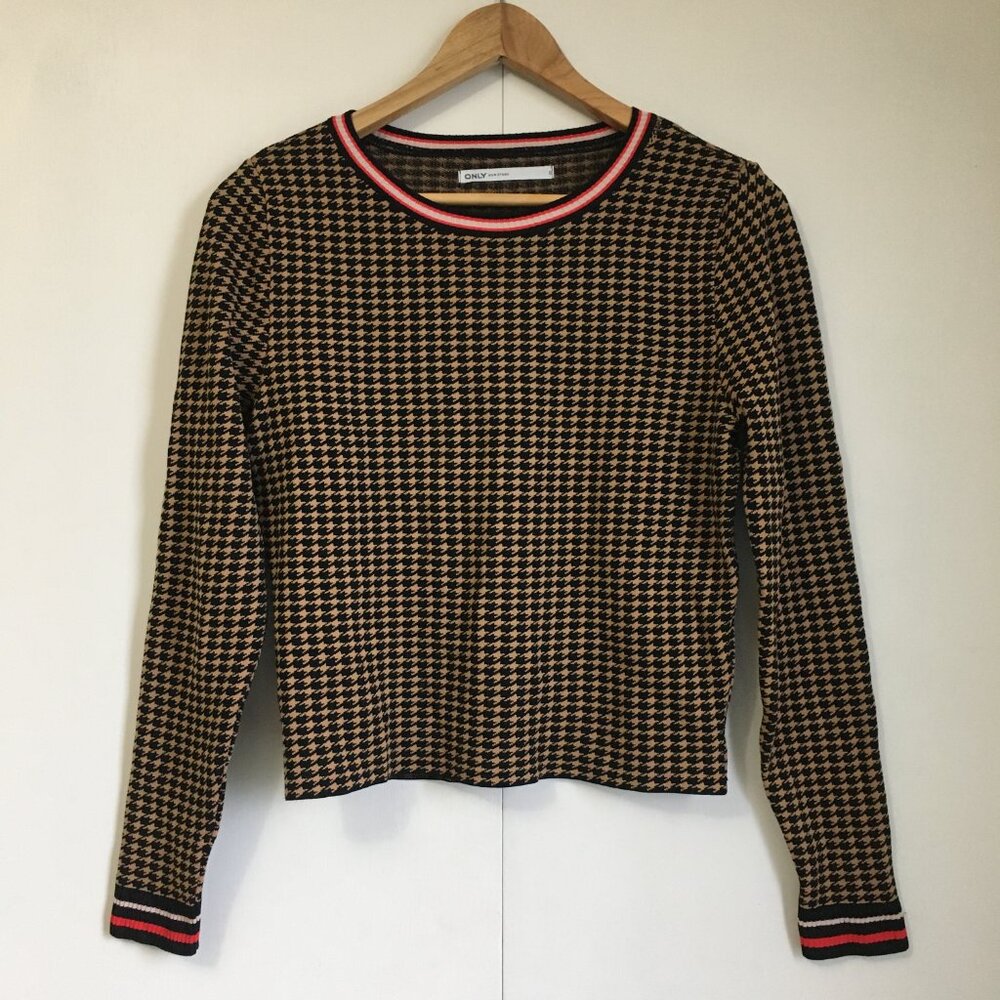 ONLY Zandra 2019 Pullover Houndstooth Knit Sweater With Preppy Stripes Size S - Picture 3 of 16